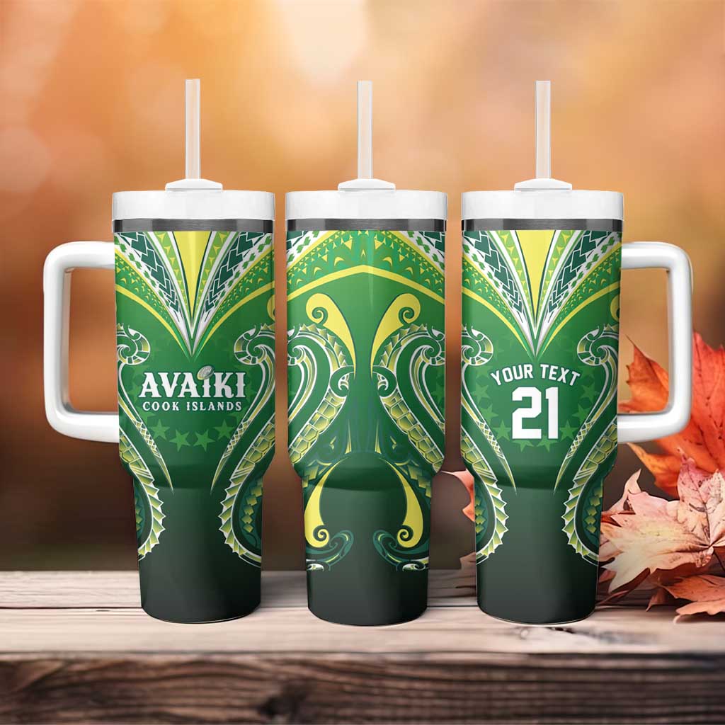 Custom Rugby Cook Islands Avaiki Tumbler With Handle Green Kuki Airani Tribal Maori Inspired - Polynesian Pride