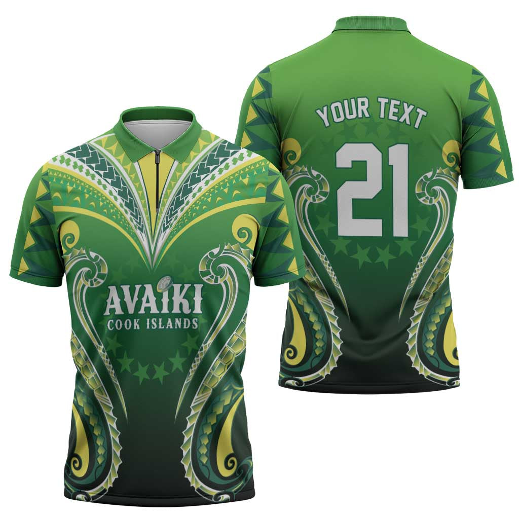 Custom Rugby Cook Islands Avaiki Zipper Polo Shirt Green Kuki Airani Tribal Maori Inspired - Polynesian Pride
