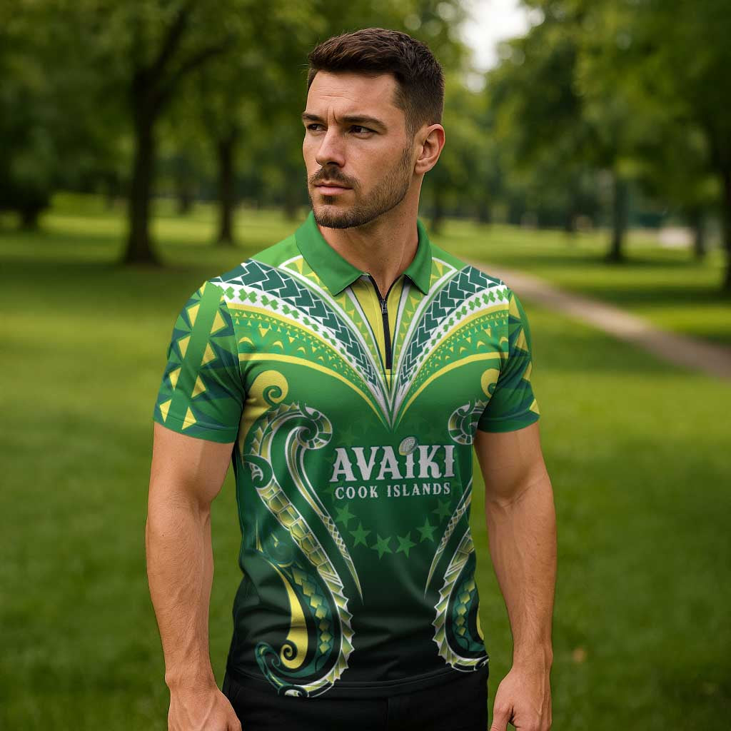 Custom Rugby Cook Islands Avaiki Zipper Polo Shirt Green Kuki Airani Tribal Maori Inspired - Polynesian Pride