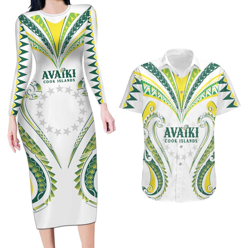 Custom Rugby Cook Islands Avaiki Couples Matching Long Sleeve Bodycon Dress and Hawaiian Shirt White Kuki Airani Tribal Maori Inspired - Polynesian Pride