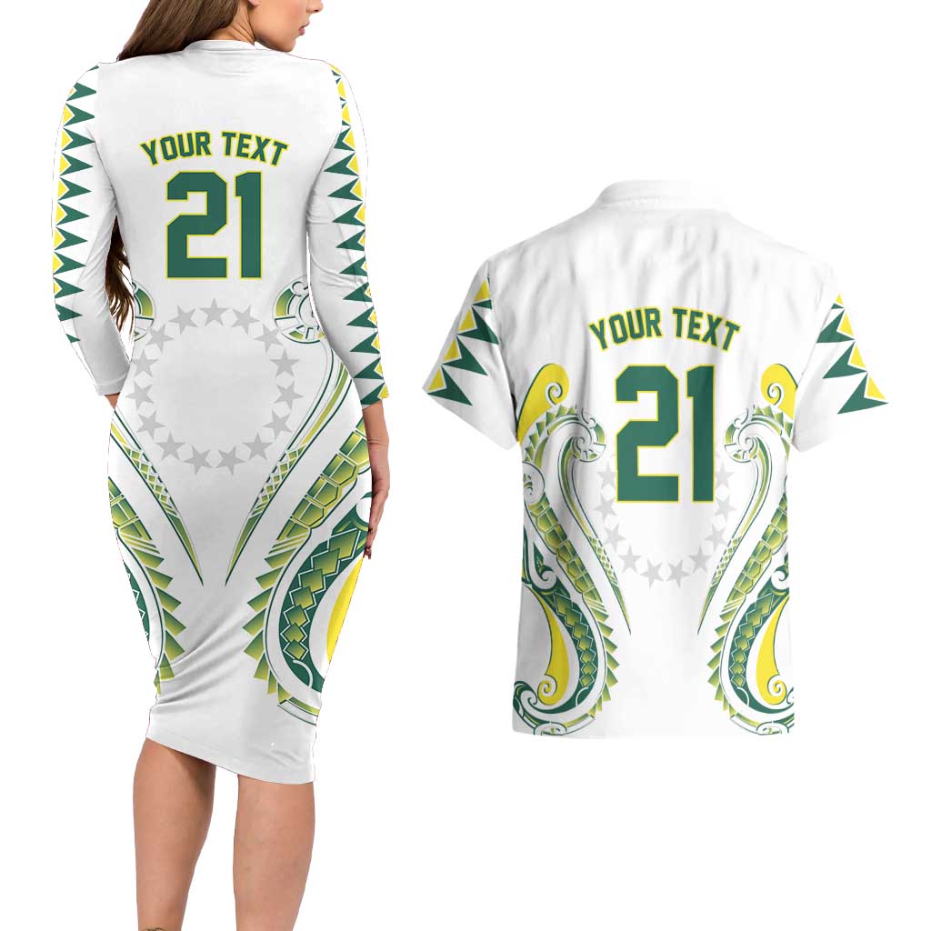 Custom Rugby Cook Islands Avaiki Couples Matching Long Sleeve Bodycon Dress and Hawaiian Shirt White Kuki Airani Tribal Maori Inspired LT9 - Polynesian Pride