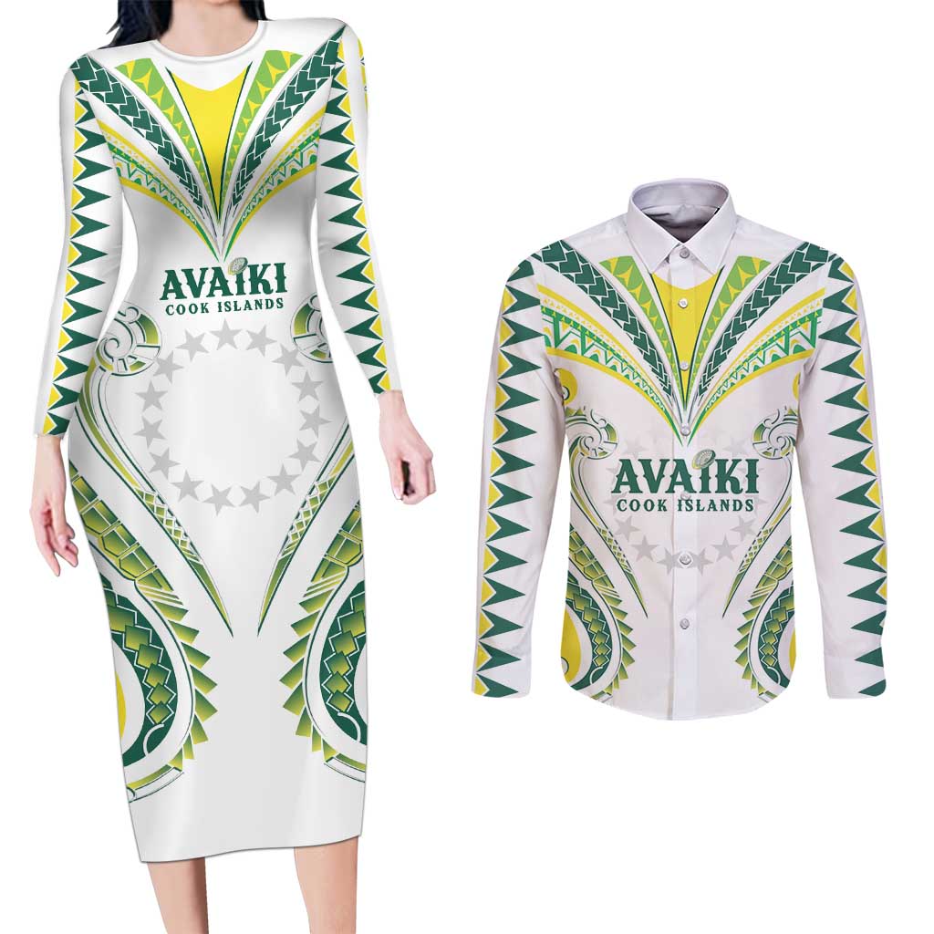 Custom Rugby Cook Islands Avaiki Couples Matching Long Sleeve Bodycon Dress and Long Sleeve Button Shirt White Kuki Airani Tribal Maori Inspired LT9 White - Polynesian Pride