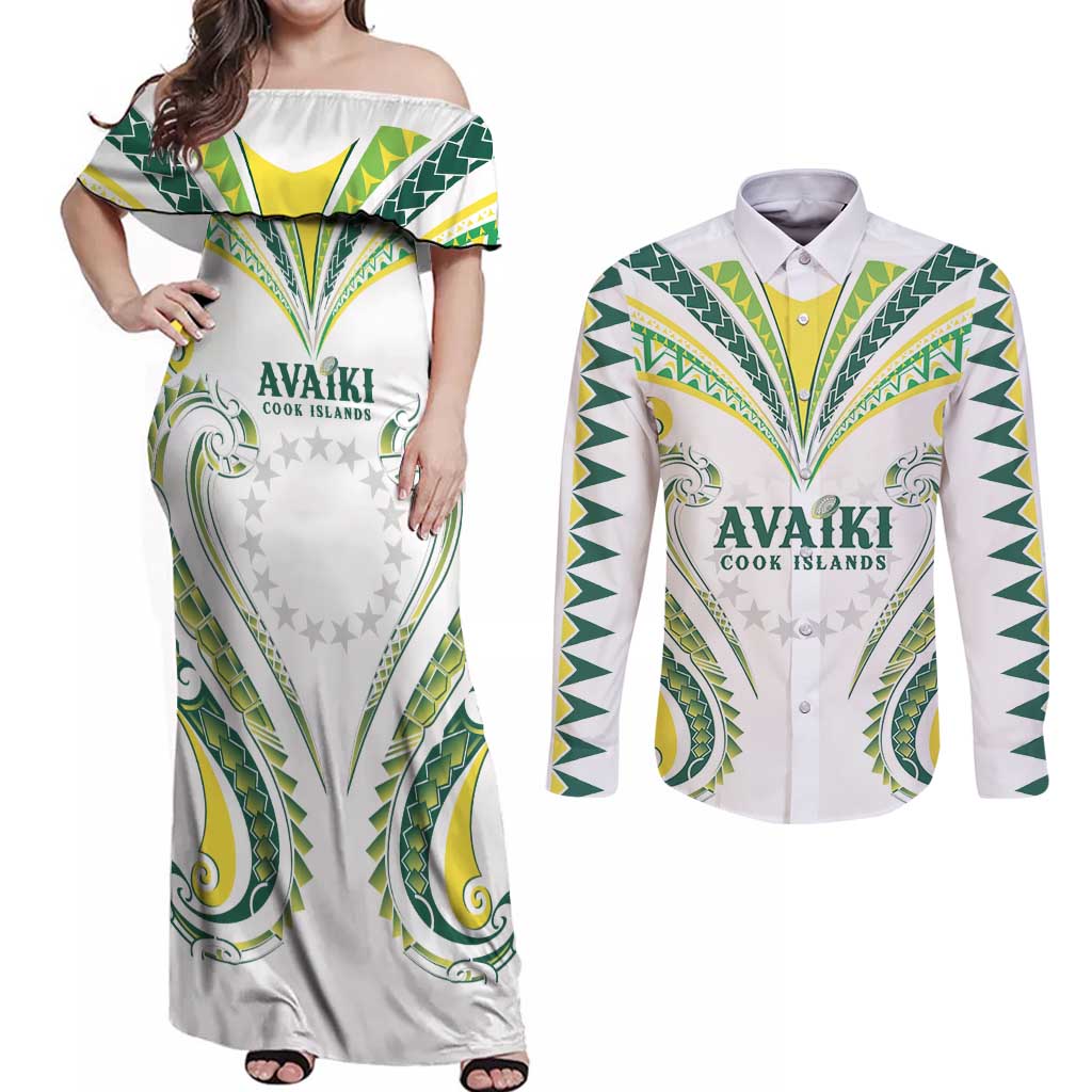 Custom Rugby Cook Islands Avaiki Couples Matching Off Shoulder Maxi Dress and Long Sleeve Button Shirt White Kuki Airani Tribal Maori Inspired LT9 White - Polynesian Pride