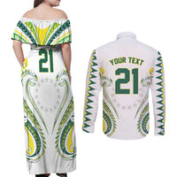 Custom Rugby Cook Islands Avaiki Couples Matching Off Shoulder Maxi Dress and Long Sleeve Button Shirt White Kuki Airani Tribal Maori Inspired LT9 - Polynesian Pride