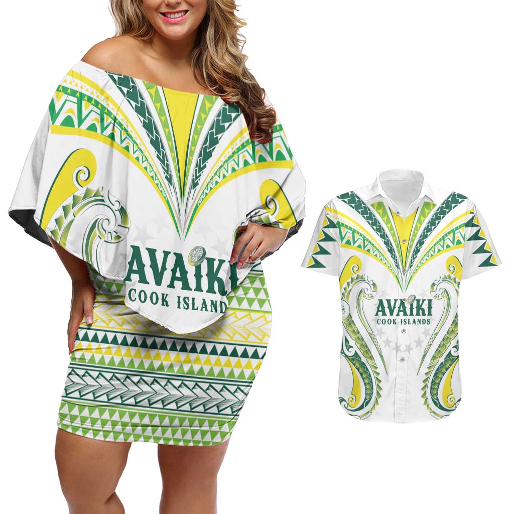 Custom Rugby Cook Islands Avaiki Couples Matching Off Shoulder Short Dress and Hawaiian Shirt White Kuki Airani Tribal Maori Inspired LT9 White - Polynesian Pride