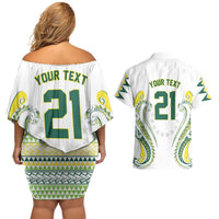 Custom Rugby Cook Islands Avaiki Couples Matching Off Shoulder Short Dress and Hawaiian Shirt White Kuki Airani Tribal Maori Inspired LT9 - Polynesian Pride
