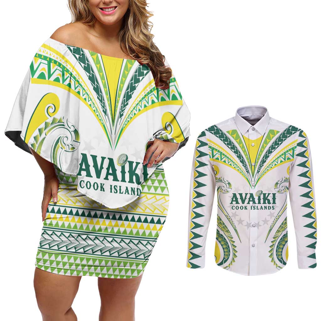Custom Rugby Cook Islands Avaiki Couples Matching Off Shoulder Short Dress and Long Sleeve Button Shirt White Kuki Airani Tribal Maori Inspired LT9 White - Polynesian Pride