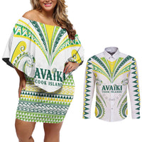 Custom Rugby Cook Islands Avaiki Couples Matching Off Shoulder Short Dress and Long Sleeve Button Shirt White Kuki Airani Tribal Maori Inspired LT9 White - Polynesian Pride