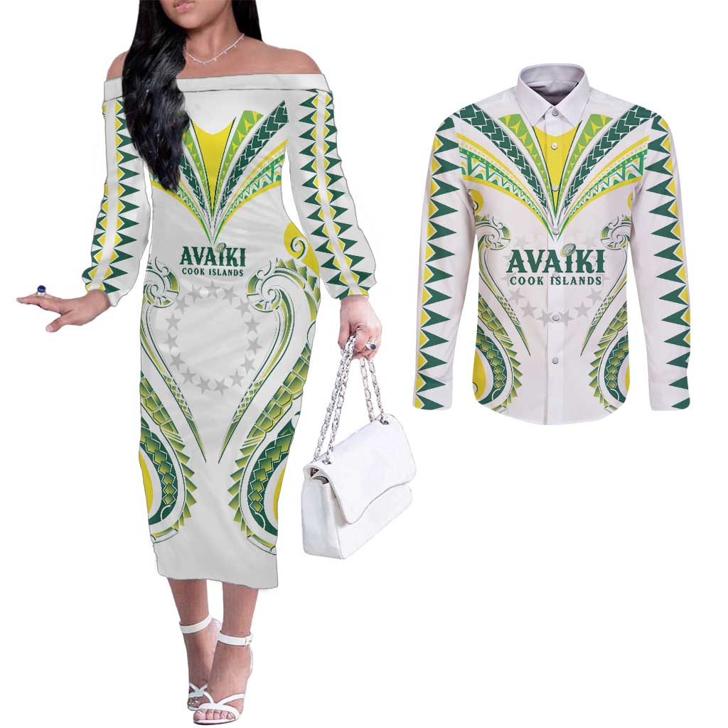 Custom Rugby Cook Islands Avaiki Couples Matching Off The Shoulder Long Sleeve Dress and Long Sleeve Button Shirt White Kuki Airani Tribal Maori Inspired LT9 White - Polynesian Pride