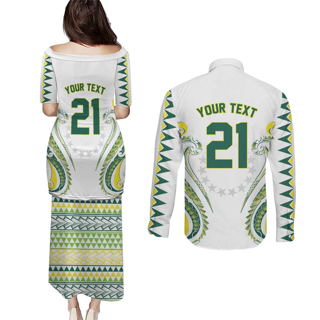 Custom Rugby Cook Islands Avaiki Couples Matching Puletasi and Long Sleeve Button Shirt White Kuki Airani Tribal Maori Inspired - Polynesian Pride