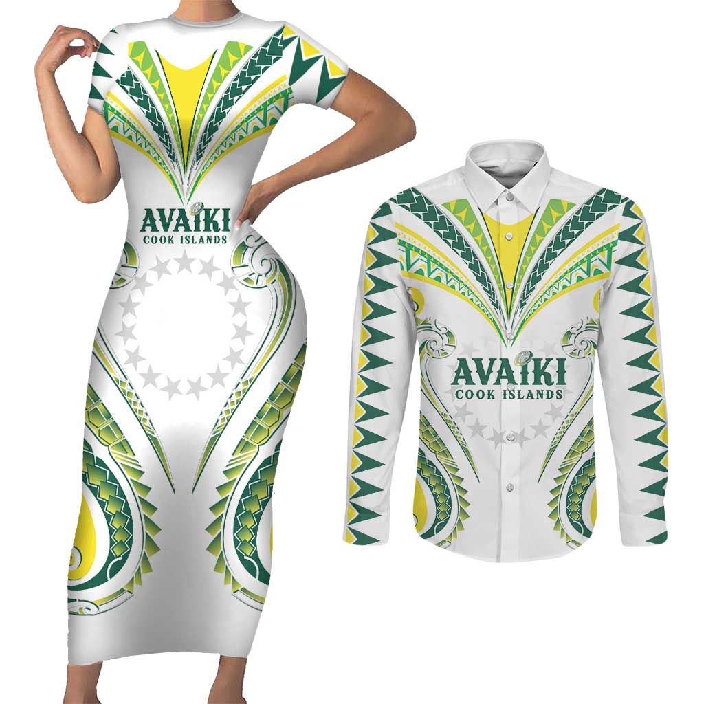 Custom Rugby Cook Islands Avaiki Couples Matching Short Sleeve Bodycon Dress and Long Sleeve Button Shirt White Kuki Airani Tribal Maori Inspired LT9 White - Polynesian Pride