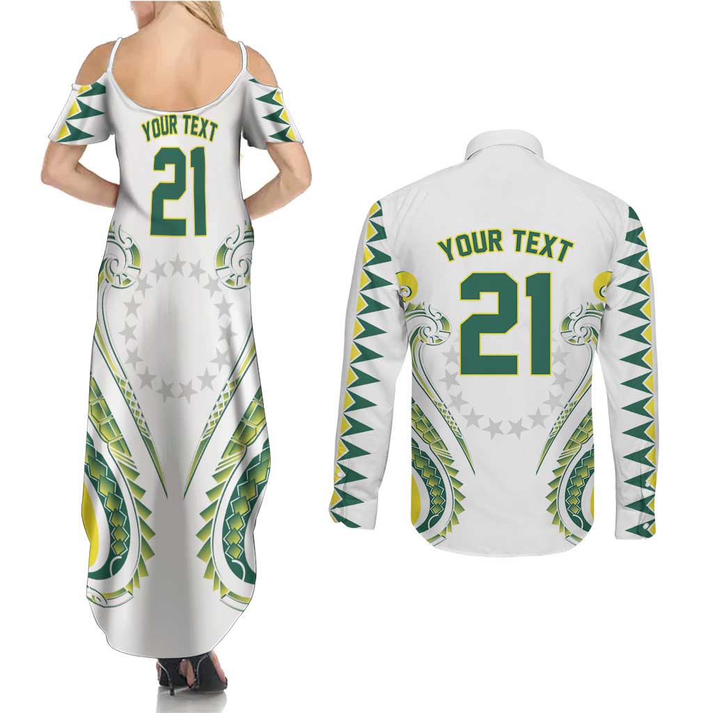 Custom Rugby Cook Islands Avaiki Couples Matching Summer Maxi Dress and Long Sleeve Button Shirt White Kuki Airani Tribal Maori Inspired LT9 - Polynesian Pride