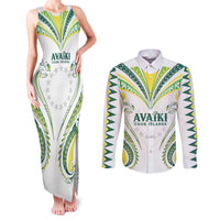 Custom Rugby Cook Islands Avaiki Couples Matching Tank Maxi Dress and Long Sleeve Button Shirt White Kuki Airani Tribal Maori Inspired LT9 White - Polynesian Pride