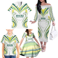 Custom Rugby Cook Islands Avaiki Family Matching Off The Shoulder Long Sleeve Dress and Hawaiian Shirt White Kuki Airani Tribal Maori Inspired LT9 - Polynesian Pride