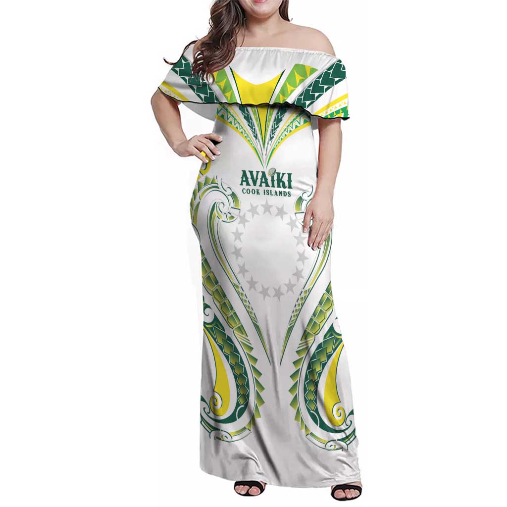 Custom Rugby Cook Islands Avaiki Family Matching Off Shoulder Maxi Dress and Hawaiian Shirt White Kuki Airani Tribal Maori Inspired LT9 Mom's Dress White - Polynesian Pride