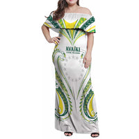Custom Rugby Cook Islands Avaiki Family Matching Off Shoulder Maxi Dress and Hawaiian Shirt White Kuki Airani Tribal Maori Inspired LT9 Mom's Dress White - Polynesian Pride