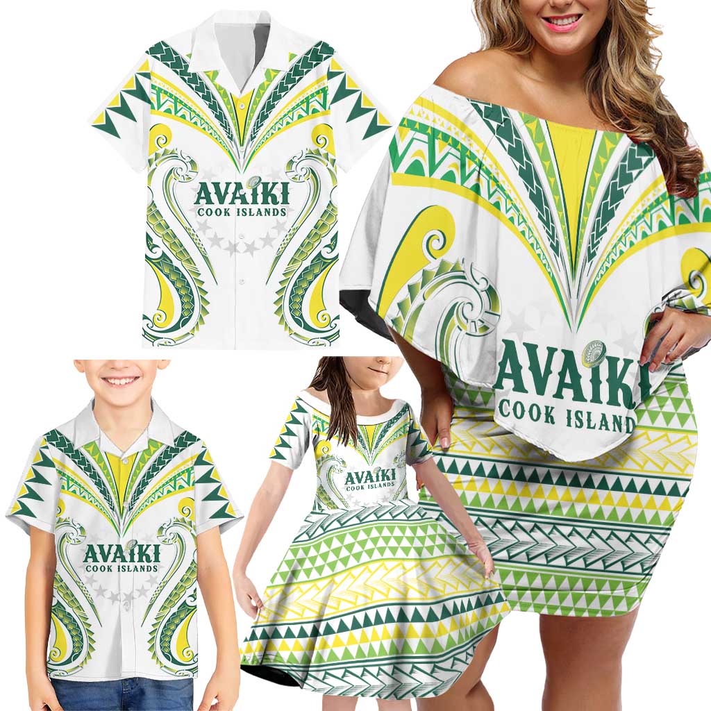 Custom Rugby Cook Islands Avaiki Family Matching Off Shoulder Short Dress and Hawaiian Shirt White Kuki Airani Tribal Maori Inspired LT9 - Polynesian Pride
