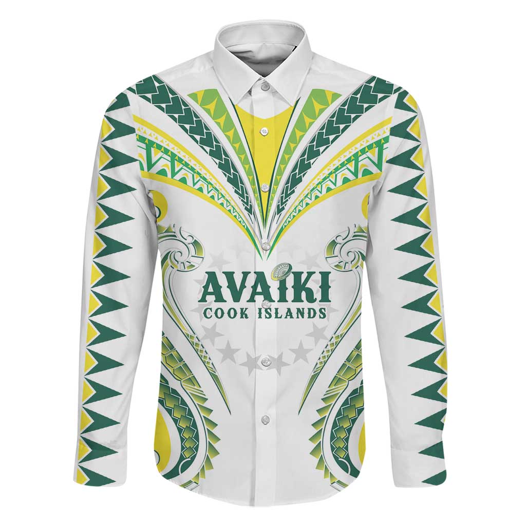 Custom Rugby Cook Islands Avaiki Family Matching Off Shoulder Short Dress and Hawaiian Shirt White Kuki Airani Tribal Maori Inspired LT9 Dad's Shirt - Long Sleeve White - Polynesian Pride