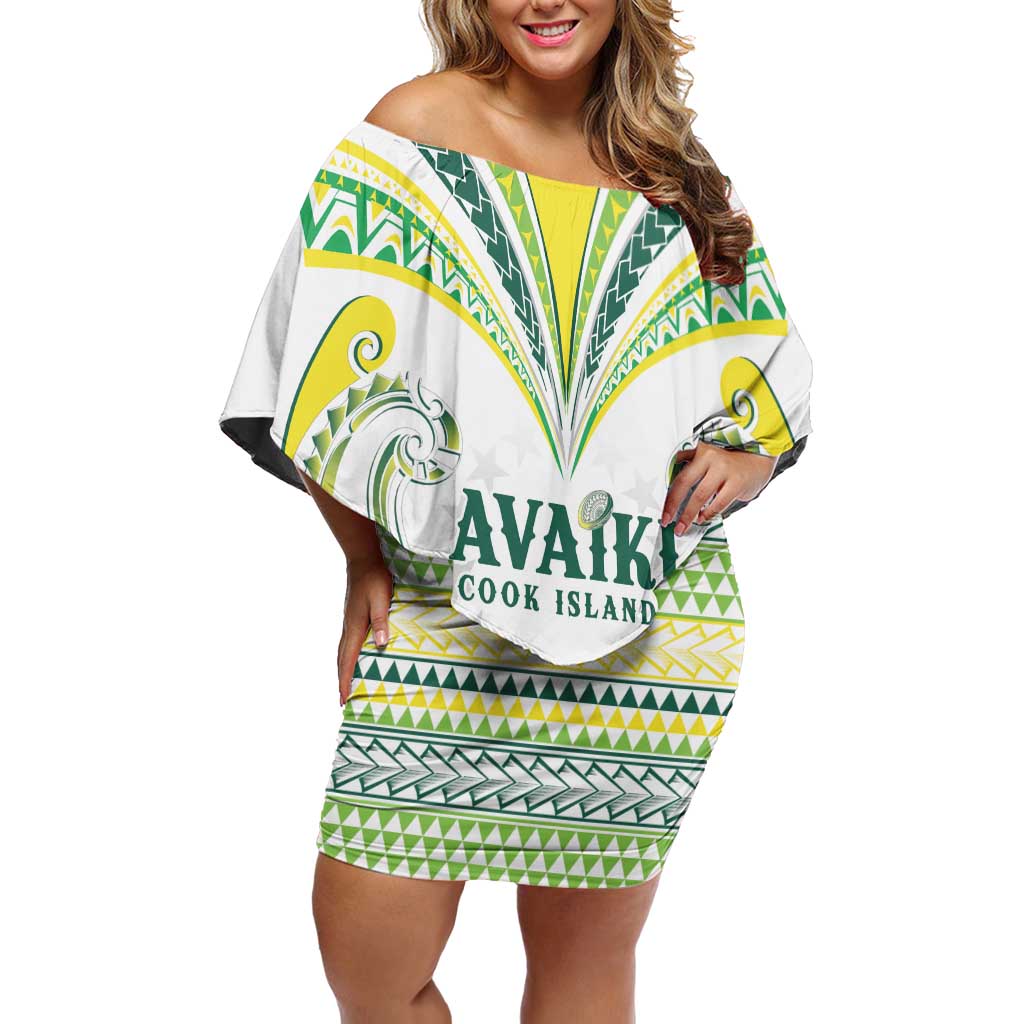 Custom Rugby Cook Islands Avaiki Family Matching Off Shoulder Short Dress and Hawaiian Shirt White Kuki Airani Tribal Maori Inspired LT9 Mom's Dress White - Polynesian Pride