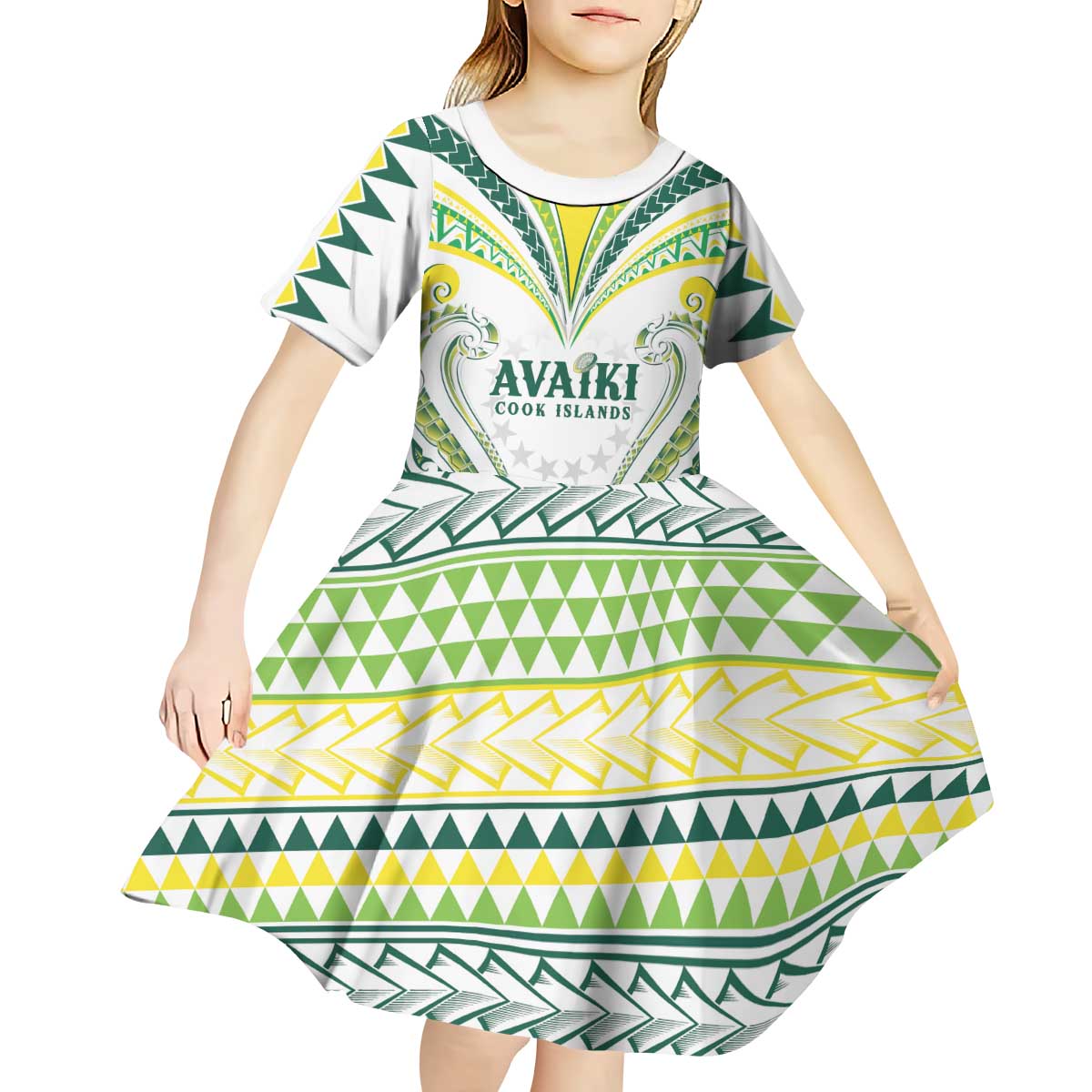 Custom Rugby Cook Islands Avaiki Kid Short Sleeve Dress White Kuki Airani Tribal Maori Inspired - Polynesian Pride