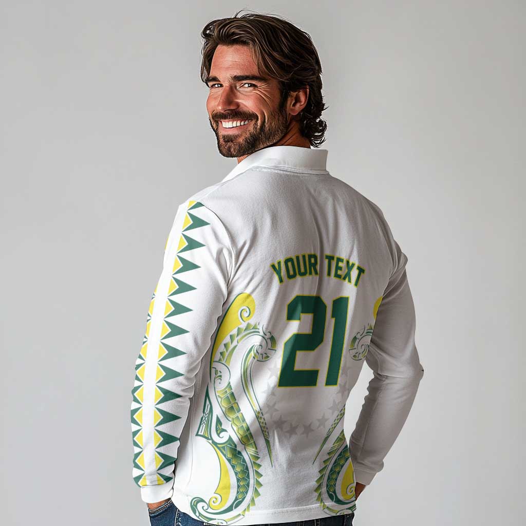 Custom Rugby Cook Islands Avaiki Long Sleeve Polo Shirt White Kuki Airani Tribal Maori Inspired - Polynesian Pride