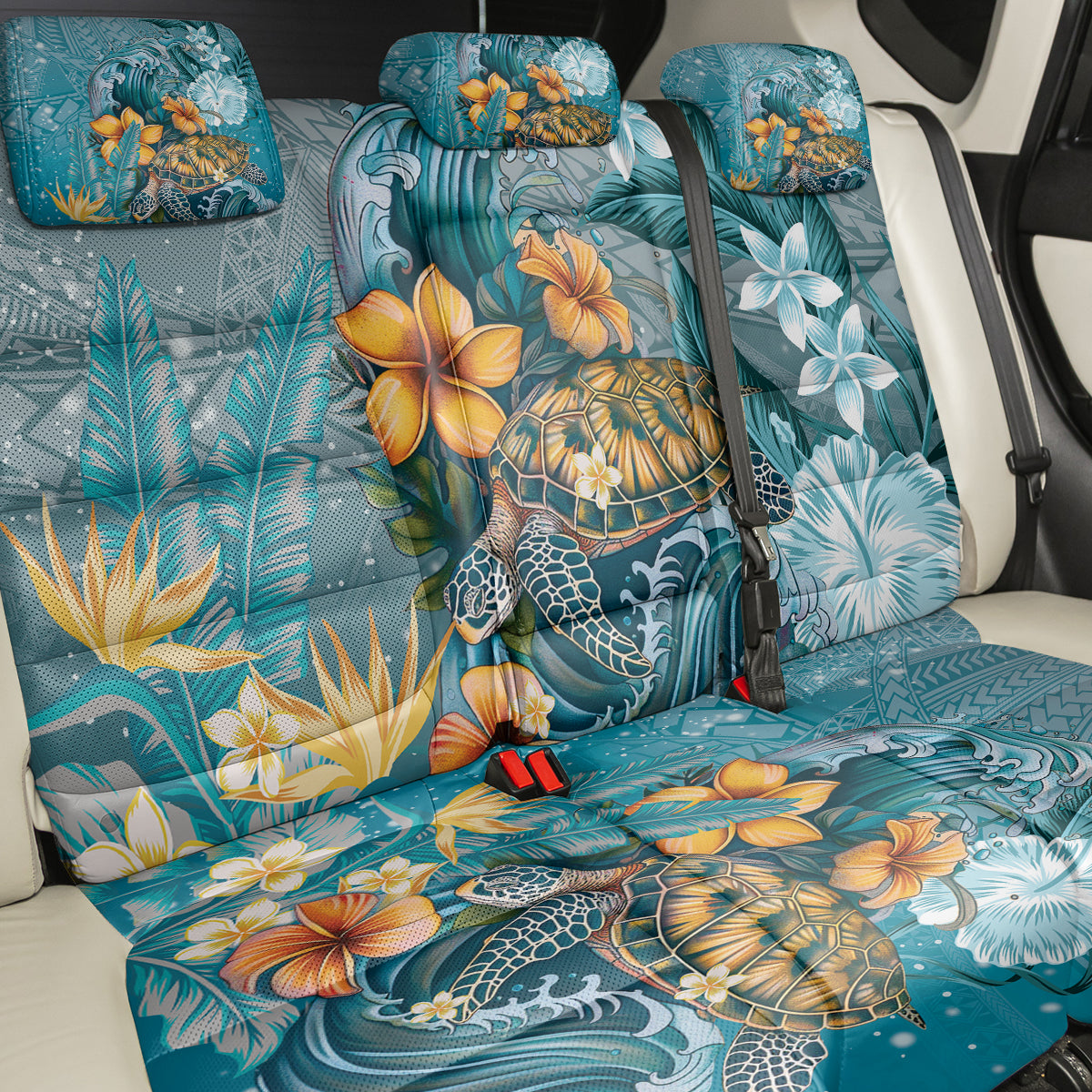 Sea Turtle In The Ocean Back Car Seat Cover with Polynesian Pattern Arty Style LT9