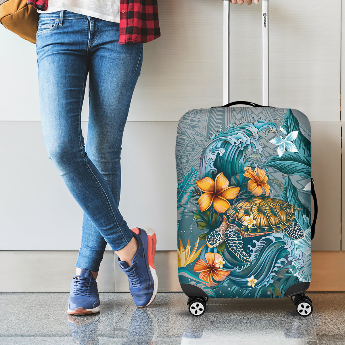 Sea Turtle In The Ocean Luggage Cover with Polynesian Pattern Arty Style