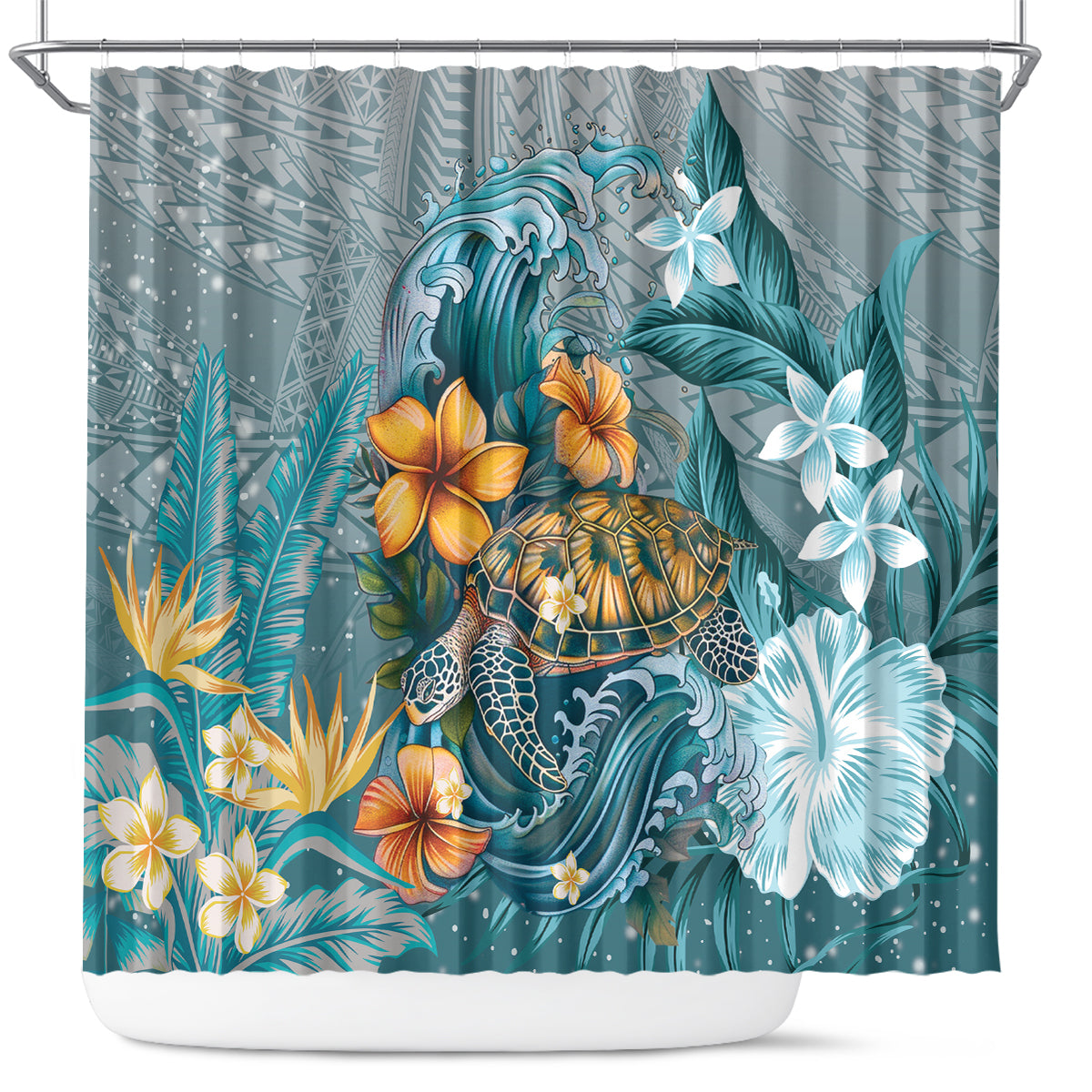 Sea Turtle In The Ocean Shower Curtain with Polynesian Pattern Arty Style LT9 Blue - Polynesian Pride