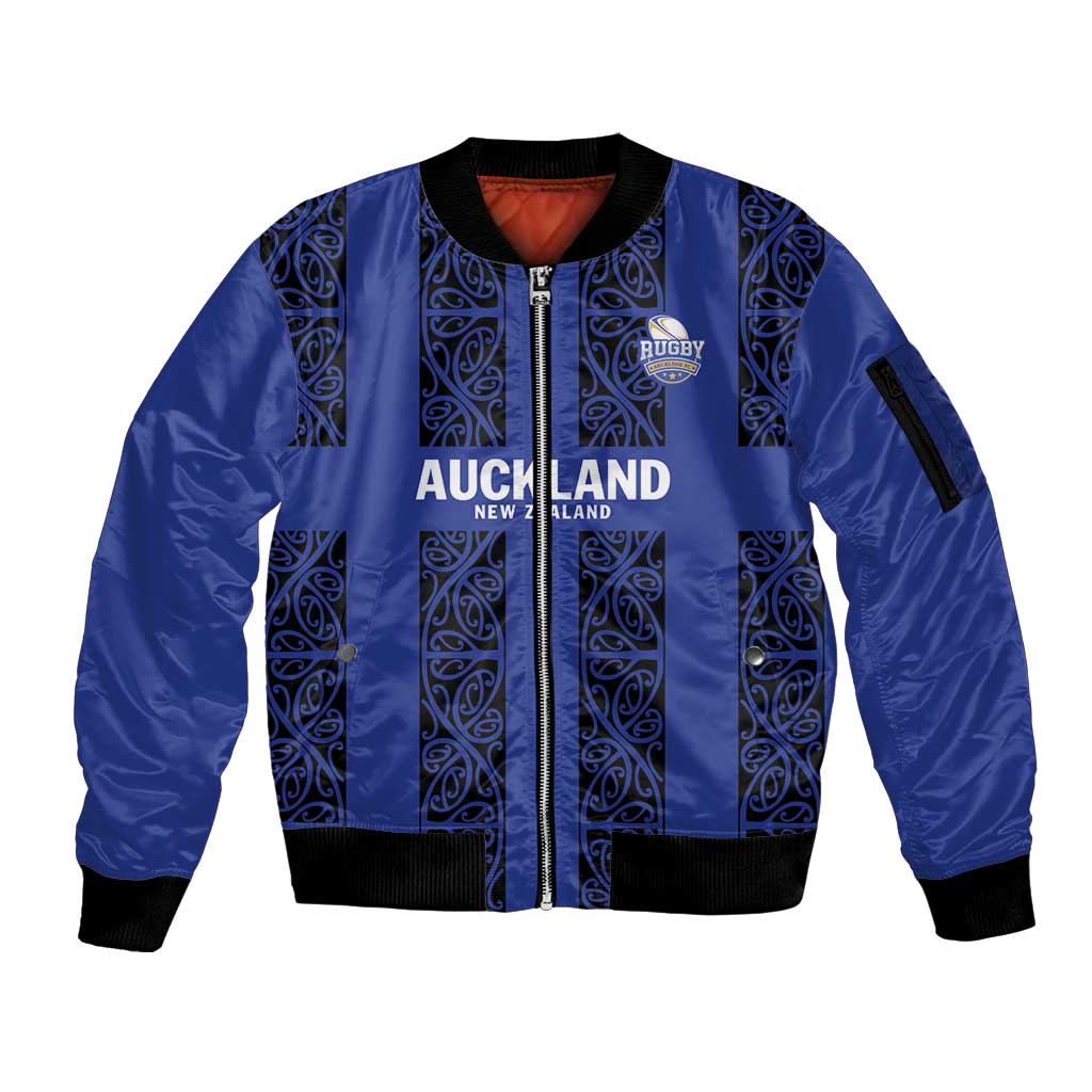 Custom Oceania Football NZ Auckland Sleeve Zip Bomber Jacket Maori Tribal Pattern LT9 Unisex Blue - Polynesian Pride
