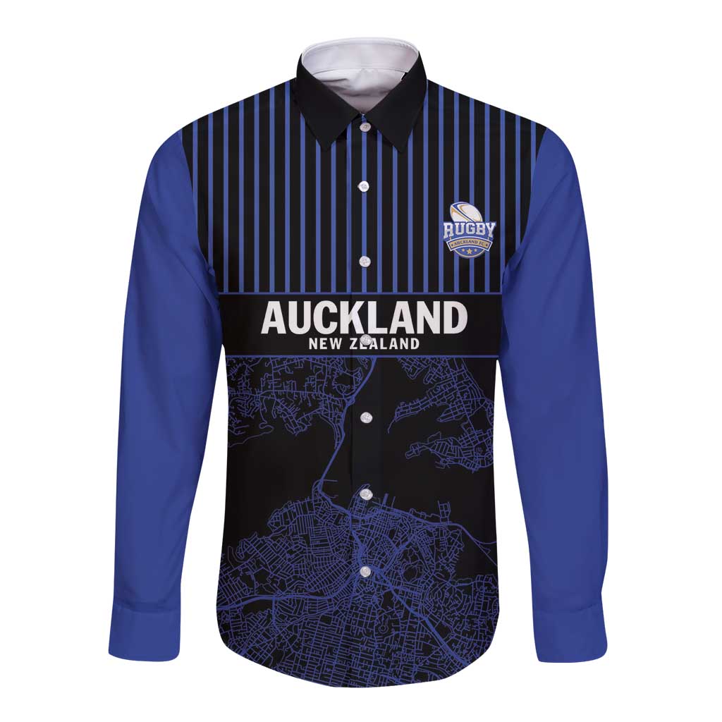 Custom Oceania Football NZ Auckland Long Sleeve Button Shirt Minimal City Map Style LT9 Unisex Blue - Polynesian Pride