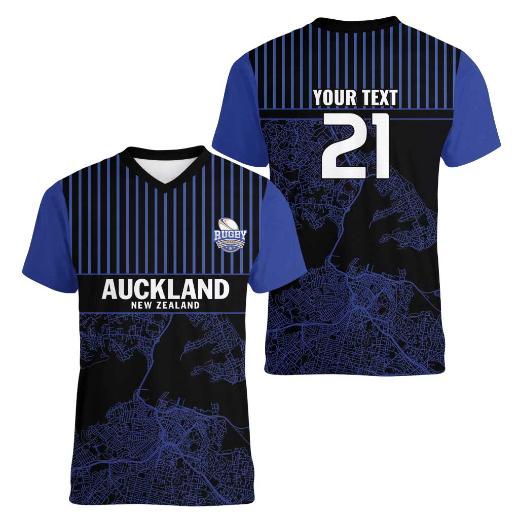 Custom Oceania Football NZ Auckland Women V-Neck T-Shirt Minimal City Map Style