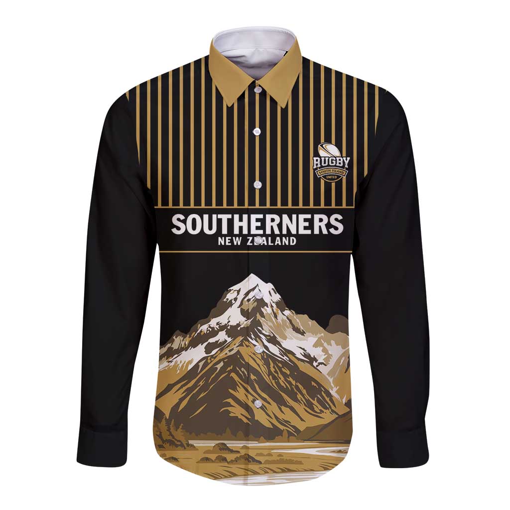 Custom Oceania Football NZ South Island Long Sleeve Button Shirt Minimal Mount Cook Silhouette