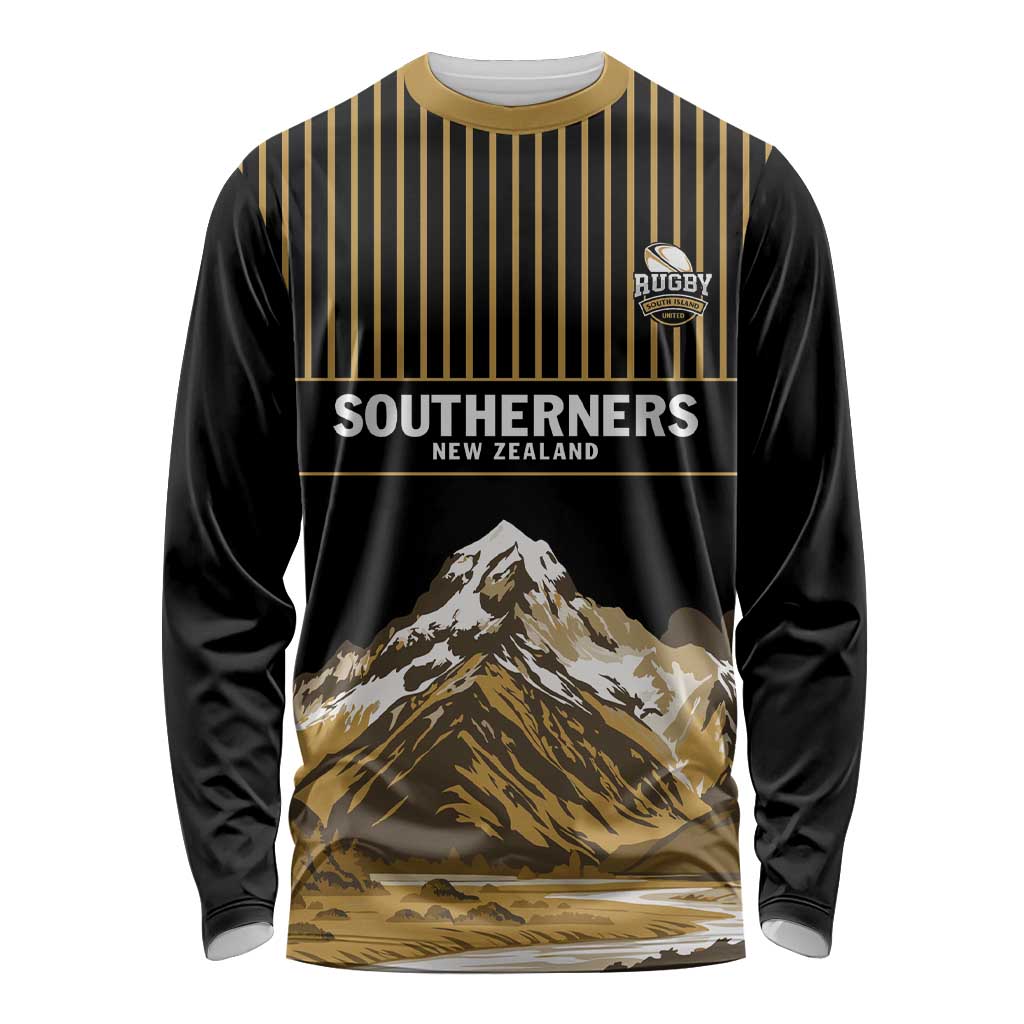 Custom Oceania Football NZ South Island Long Sleeve Shirt Minimal Mount Cook Silhouette LT9 Unisex Black - Polynesian Pride