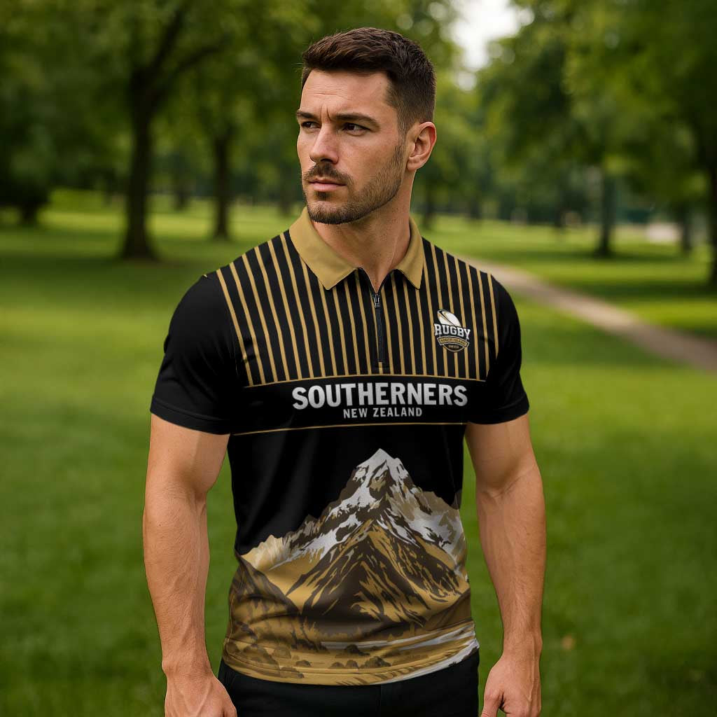 Custom Oceania Football NZ South Island Zipper Polo Shirt Minimal Mount Cook Silhouette