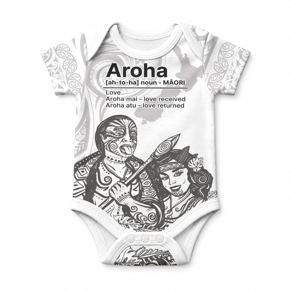 Aroha Maori Language Baby Onesie Te Reo Maori Inspired Art LT9 white - Polynesian Pride