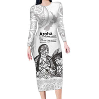 Aroha Maori Language Family Matching Long Sleeve Bodycon Dress and Hawaiian Shirt Te Reo Maori Inspired Art LT9 Mom's Dress white - Polynesian Pride