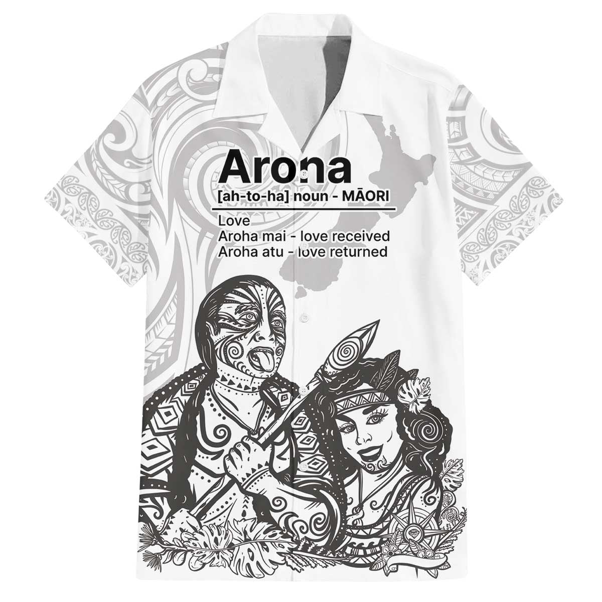 Aroha Maori Language Family Matching Off The Shoulder Long Sleeve Dress and Hawaiian Shirt Te Reo Maori Inspired Art LT9 Dad's Shirt - Short Sleeve white - Polynesian Pride