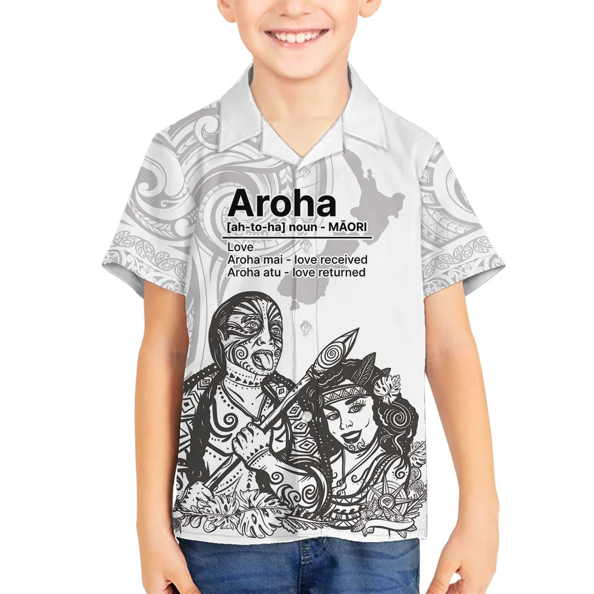 Aroha Maori Language Family Matching Off The Shoulder Long Sleeve Dress and Hawaiian Shirt Te Reo Maori Inspired Art LT9 Son's Shirt white - Polynesian Pride