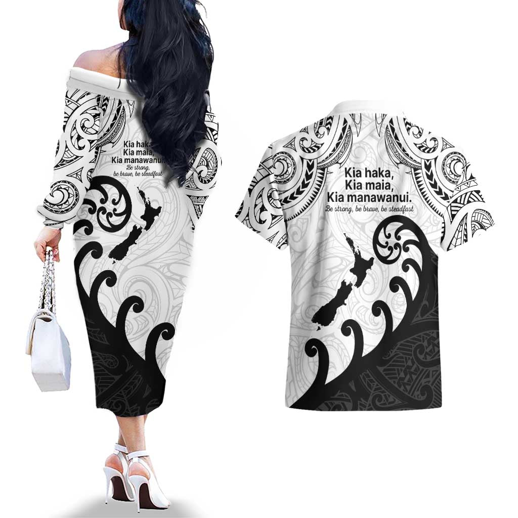 Kia Haka Maori language Couples Matching Off The Shoulder Long Sleeve Dress and Hawaiian Shirt Te Reo Maori Inspired Art LT9 - Polynesian Pride