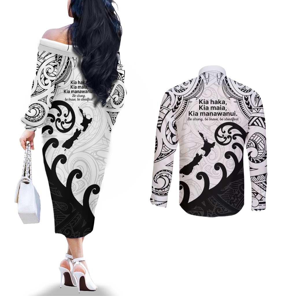 Kia Haka Maori language Couples Matching Off The Shoulder Long Sleeve Dress and Long Sleeve Button Shirt Te Reo Maori Inspired Art