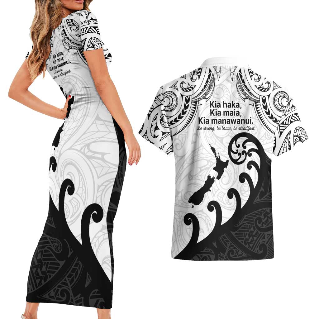 Kia Haka Maori language Couples Matching Short Sleeve Bodycon Dress and Hawaiian Shirt Te Reo Maori Inspired Art LT9 - Polynesian Pride