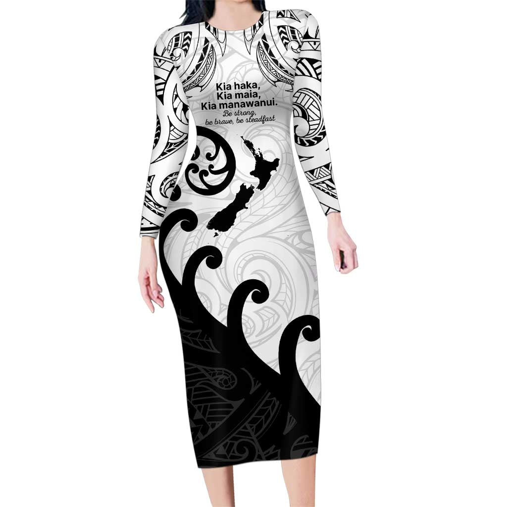 Kia Haka Maori language Family Matching Long Sleeve Bodycon Dress and Hawaiian Shirt Te Reo Maori Inspired Art LT9 Mom's Dress white - Polynesian Pride