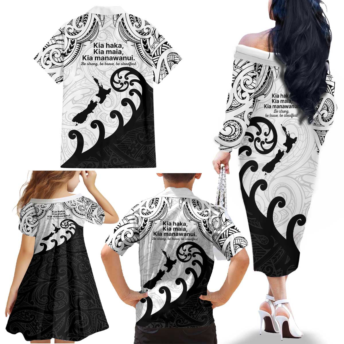 Kia Haka Maori language Family Matching Off The Shoulder Long Sleeve Dress and Hawaiian Shirt Te Reo Maori Inspired Art LT9 - Polynesian Pride