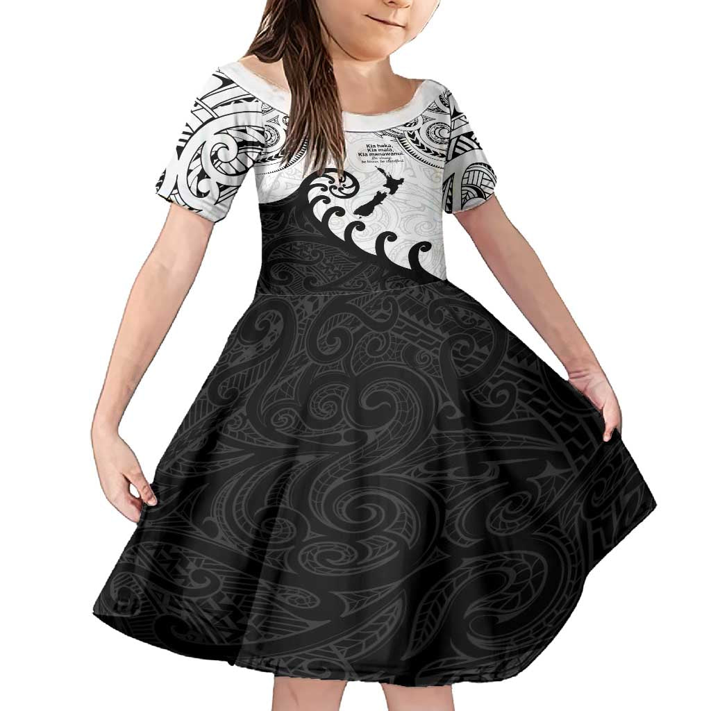 Kia Haka Maori language Family Matching Off Shoulder Short Dress and Hawaiian Shirt Te Reo Maori Inspired Art LT9 Daughter's Dress white - Polynesian Pride