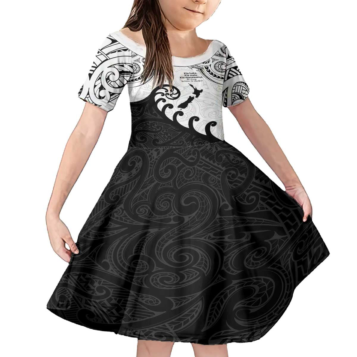 Kia Haka Maori language Family Matching Puletasi and Hawaiian Shirt Te Reo Maori Inspired Art LT9 Daughter's Dress white - Polynesian Pride