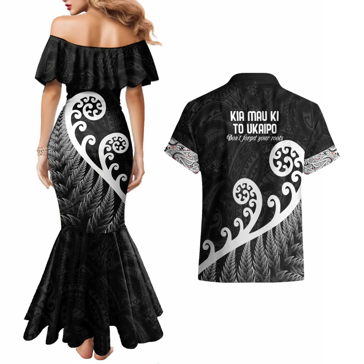 Kia Mau Ki To Ukaipo Couples Matching Mermaid Dress and Hawaiian Shirt Te Reo Maori Koru Fern Art LT9 - Polynesian Pride
