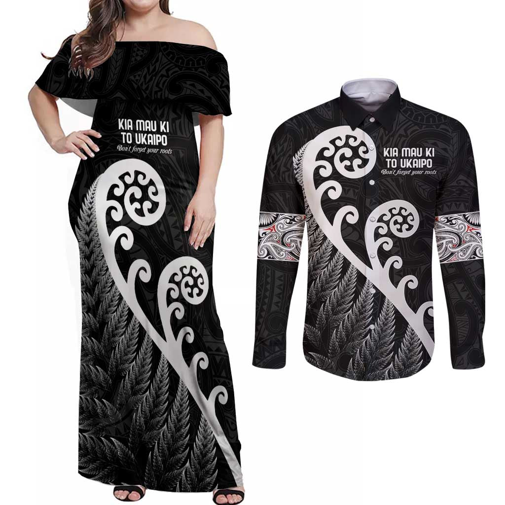 Kia Mau Ki To Ukaipo Couples Matching Off Shoulder Maxi Dress and Long Sleeve Button Shirt Te Reo Maori Koru Fern Art LT9 Black - Polynesian Pride