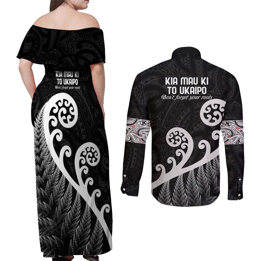 Kia Mau Ki To Ukaipo Couples Matching Off Shoulder Maxi Dress and Long Sleeve Button Shirt Te Reo Maori Koru Fern Art LT9 - Polynesian Pride