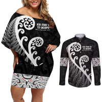 Kia Mau Ki To Ukaipo Couples Matching Off Shoulder Short Dress and Long Sleeve Button Shirt Te Reo Maori Koru Fern Art LT9 Black - Polynesian Pride