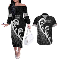 Kia Mau Ki To Ukaipo Couples Matching Off The Shoulder Long Sleeve Dress and Hawaiian Shirt Te Reo Maori Koru Fern Art LT9 Black - Polynesian Pride